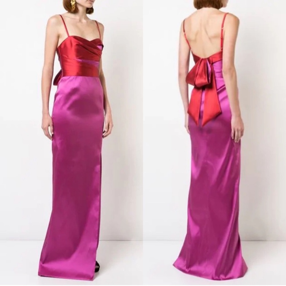 Marchesa Notte Color Block 2 Tone Mikado Back Bow Column Gown Maxi Dress Size 14